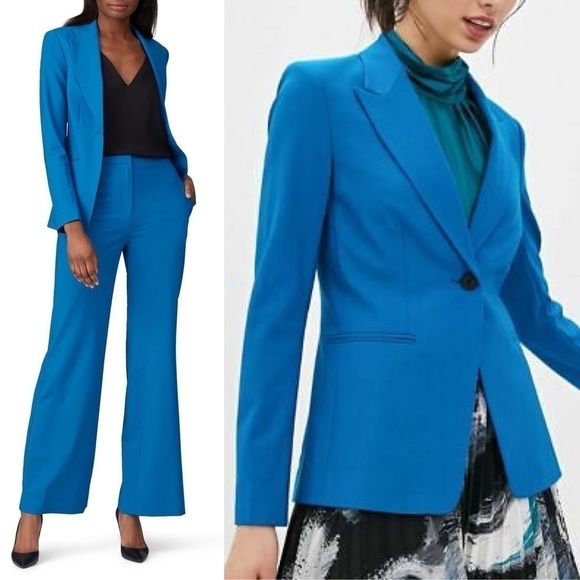 DIANE VON FURSTENBERG Ocean Blue Stretch Wool Single Button Tailored Blazer 12 - Picture 1 of 12